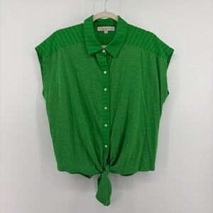 LOFT Women Medium Green Tie Front Button Down Sleeveless Textured Yoke Top